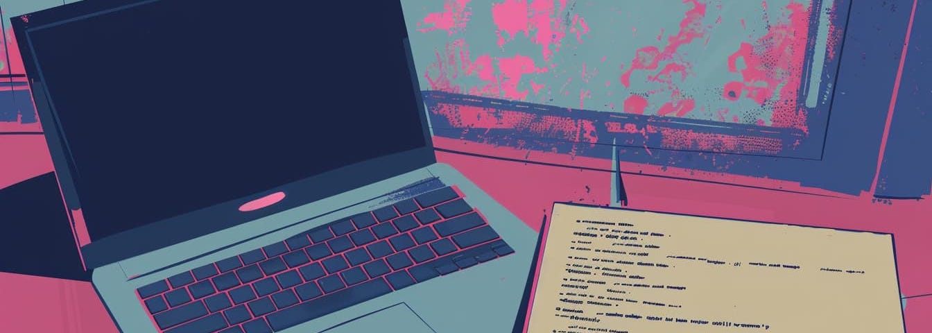 pop art illustration of a laptop and open notebook on a table.
