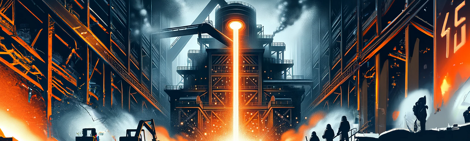 Dall-E generated image from ChatGPT generated prompt Illustration of a steel mill in operation. Glowing molten metal flows from a large furnace into molds. Sparks fly, illuminating the dark interior. In the background, silhouettes of workers in protective gear observe the process, emphasizing the scale and intensity of steel manufacturing.