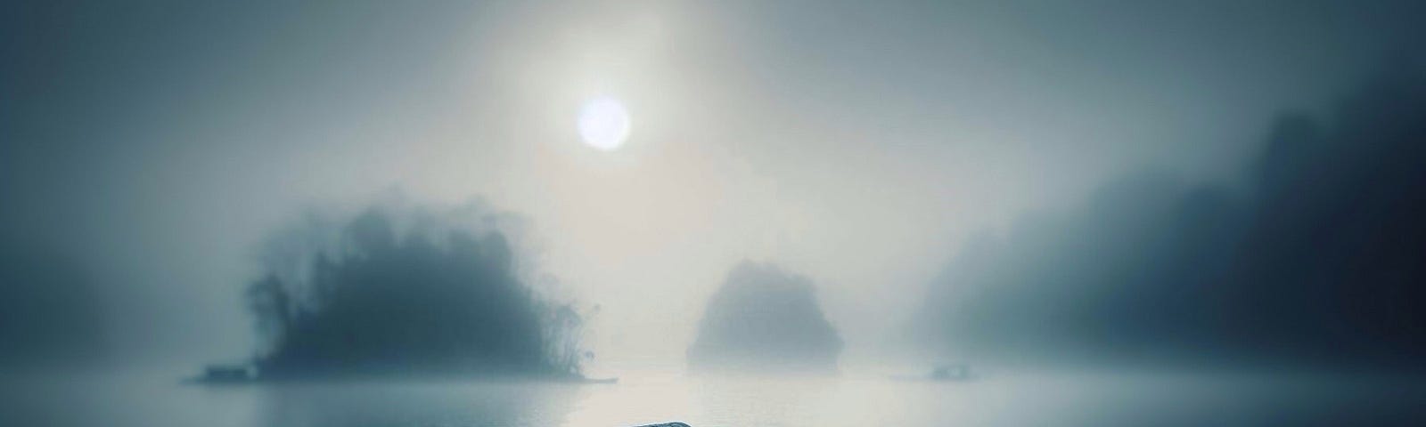 A lone boat drifts off into a foggy sea.