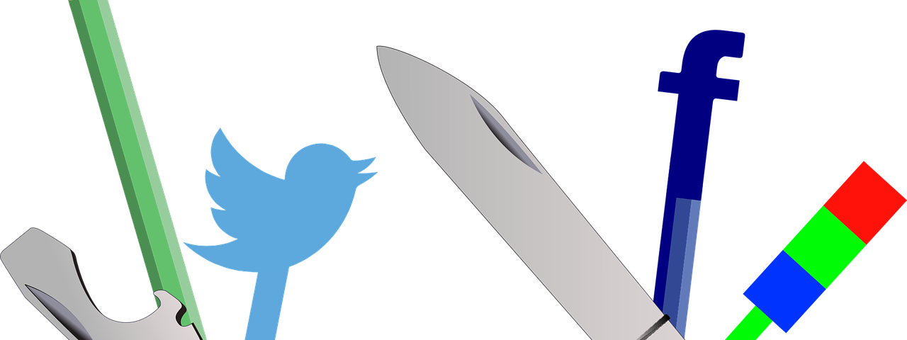 Swiss army knife with pen, twitter logo and facebook logo