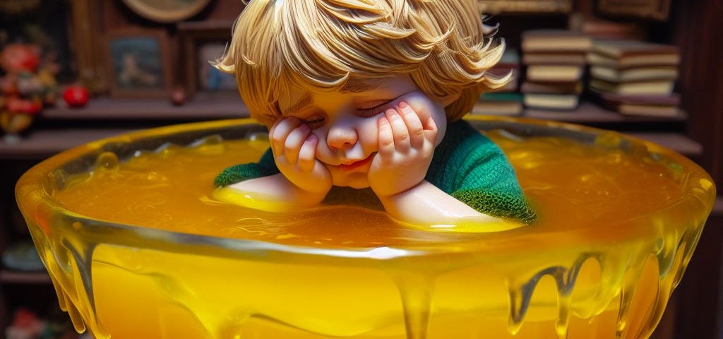 a diorama of a little blond boy clutching his face in a huge bowl of yellow jello