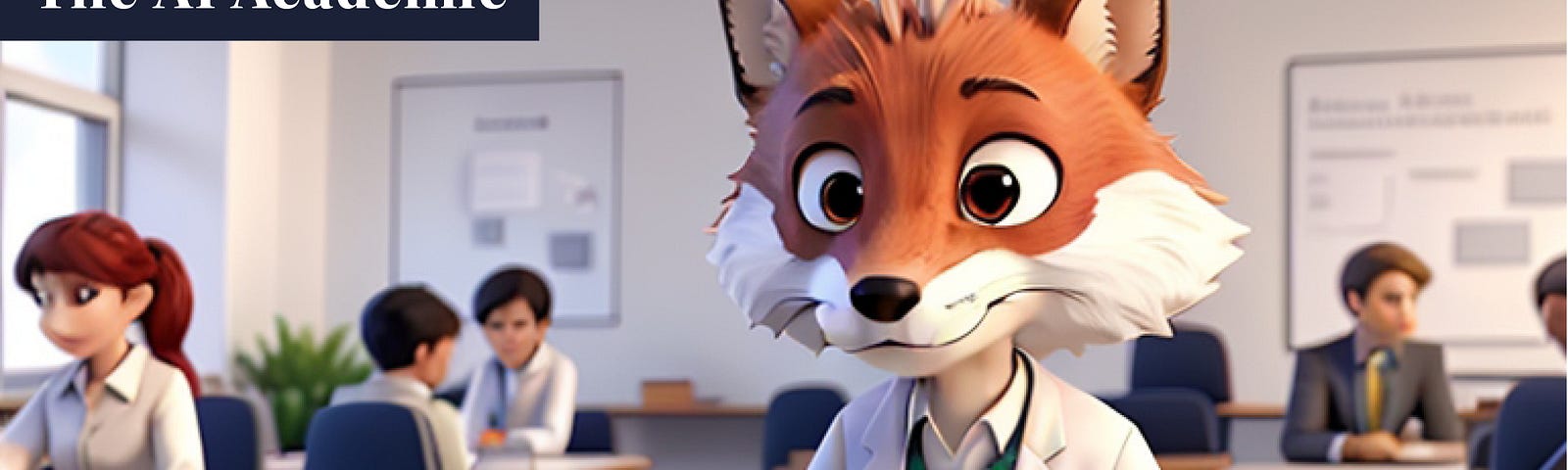 An AI-generated fox in the style of a Pixar 3D animation, dressed in a lab coat, a green vest and a white shirt, sitting at a desk and writing in a notebook. There are there people (humans) in the room sitting at the other desks.