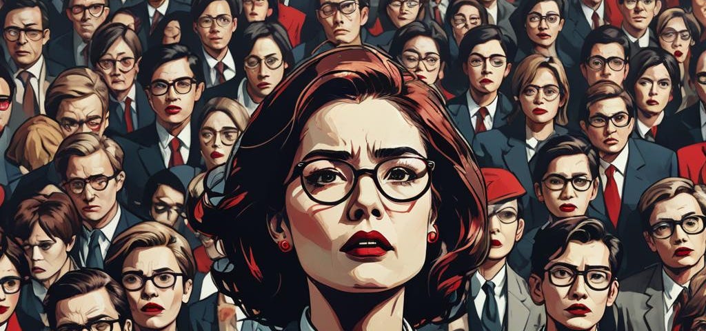 SDXL digital art image of a spotlit leader standing in the centre of a crowd, with a look of fear on her face. She is in a suit, with tie, glasses perched on her nose and sassy red lipstick.