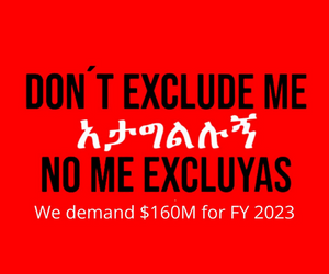 A graphic from the Don’t Exclude Me/No Me Excluyas Campaign from the Excluded Workers Coalition, featuring black and white text on a red background that reads: Don’t Exclude Me. No Me Excluyas. We demand $160M for fiscal year 2023