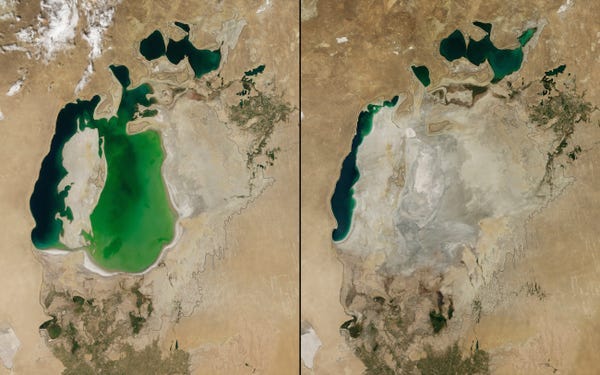 “An image of the Aral Sea as captured by NASA’s Earth Observatory on August 25, 2000 (left) shows the diminished shoreline from where the lake sat in 1960. In 2014 (right), the lake’s east lobe dried up for the first time in 600 years”
