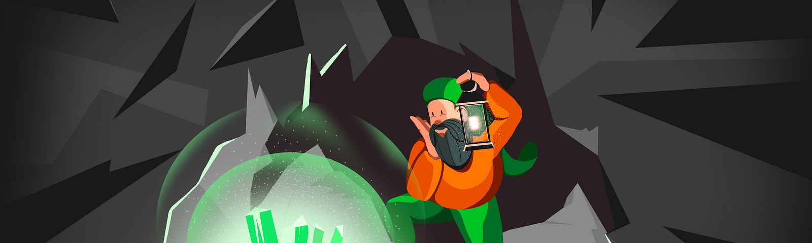 A green-capped dwarf finds a treasure in a dark gray cave. The lantern in his hand illuminates the green crystal.