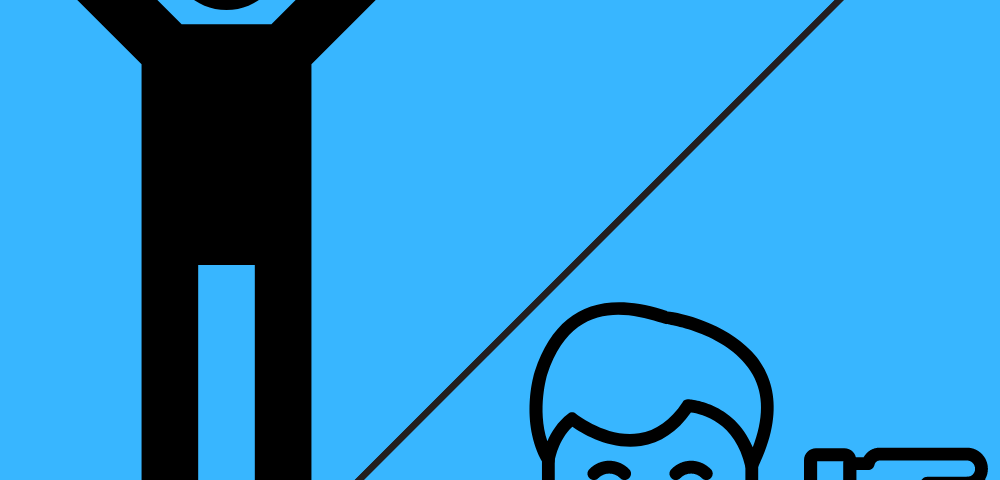 The image is divided diagonally into two halves on a bright blue background. On the left side is a simple stick figure with arms raised, holding a sign that says “I LOVE MY JOB” in white text on a black background. On the right side is an icon-style illustration of a person with a frowning expression, accompanied by a thumbs down icon. This creates a visual contrast between loving one’s job and disliking it.