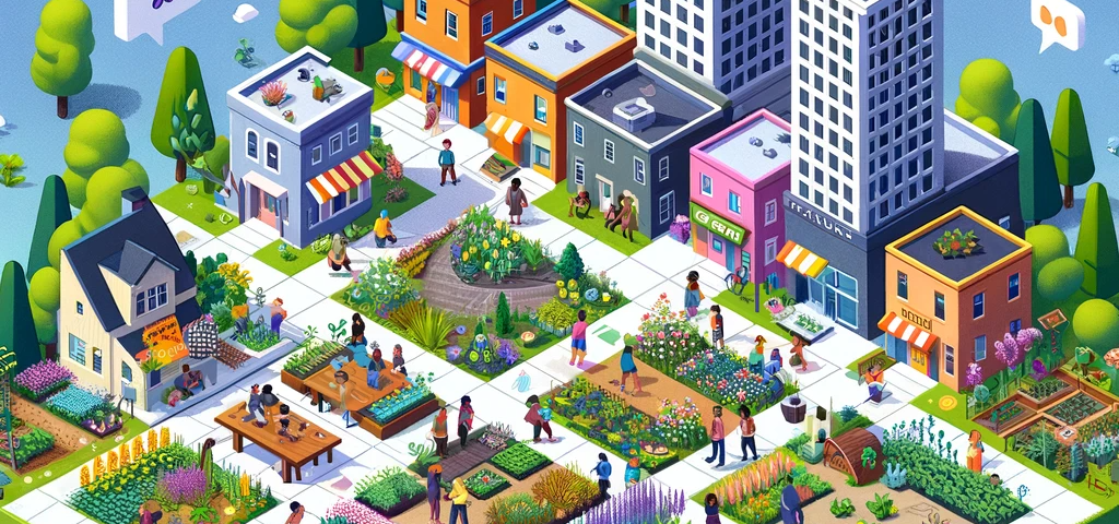 A small, bustling city with a vibrant native garden at its center, in the style of an isometric city builder.