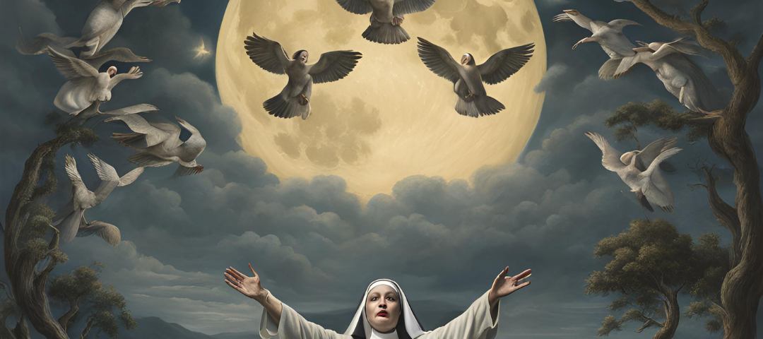 A nun in white with arms outstretched, cross necklace, full moon, doves flying across the moon.