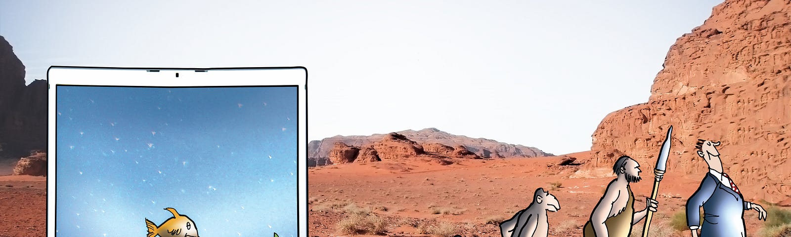 Photo-illustration by Mark Armstrong. Desolate landscape of dirt and red rocks and mountains. Laptop computer in foreground, with fish displaying on monitor. Iguana-like reptile escaping from computer via small staircase. He joins an evolutionary line showing a monkey, an ape, a caveman, and a corporate guy wearing a suit and carrying a briefcase.