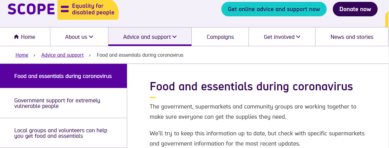 Screenshot of a new page on the Scope website, ‘Food and essentials during coronavirus’.