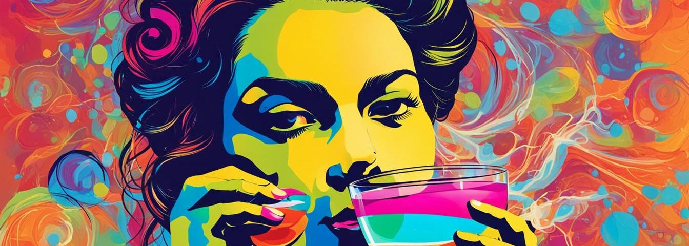 Popart image of a woman holding a glass with a colorful cocktail in it.