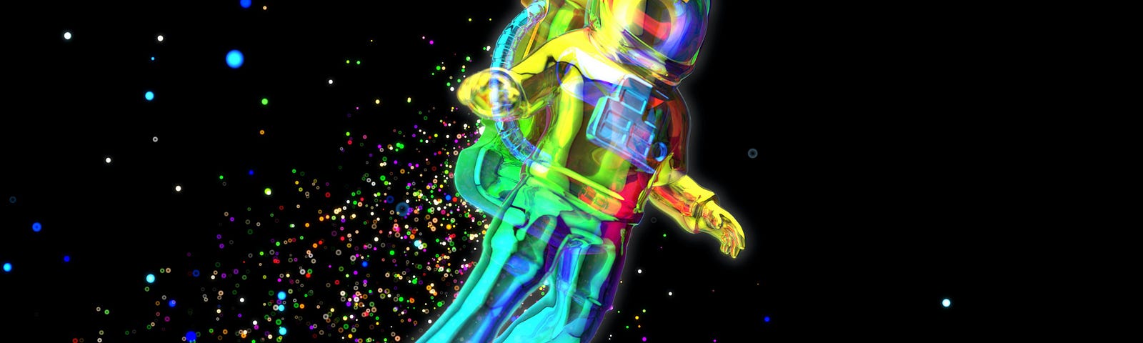 Painting of colorful astronaut floating in deep space untethered.