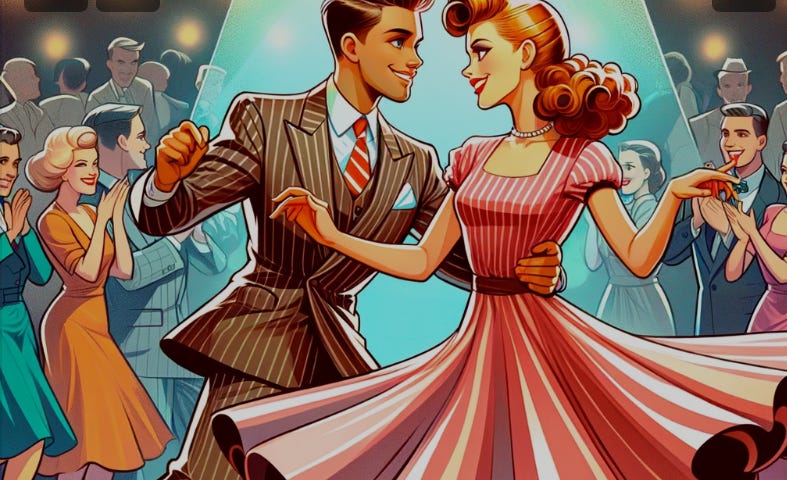 A vibrant cartoon of two adults swing dancing at a party, captured in a dynamic pose with festive surroundings and a lively atmosphere.