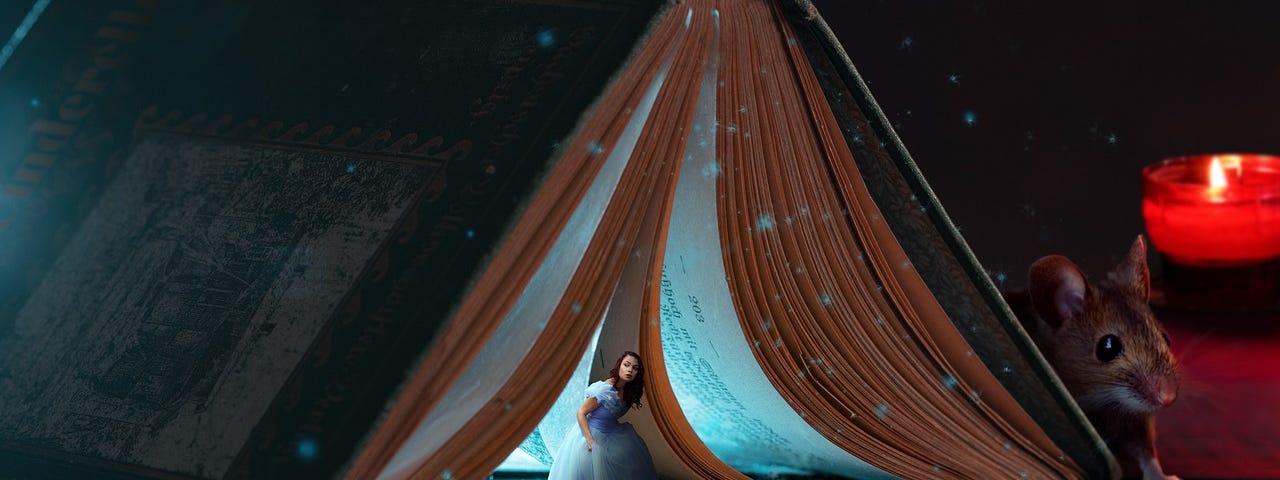 A book, open and placed down like a tent. Escaping from within the well lit pages is a beautiful princess, wearing a gorgeous blue princess dress. Peering around the corner of the book is a mouse, watching the princess escape from her story-tale.