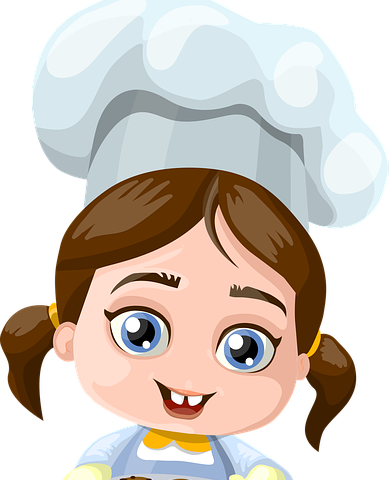 Young girl with hair in bunches and a chefs hat and apron proudly shows off a dish of chocolate chip cookies