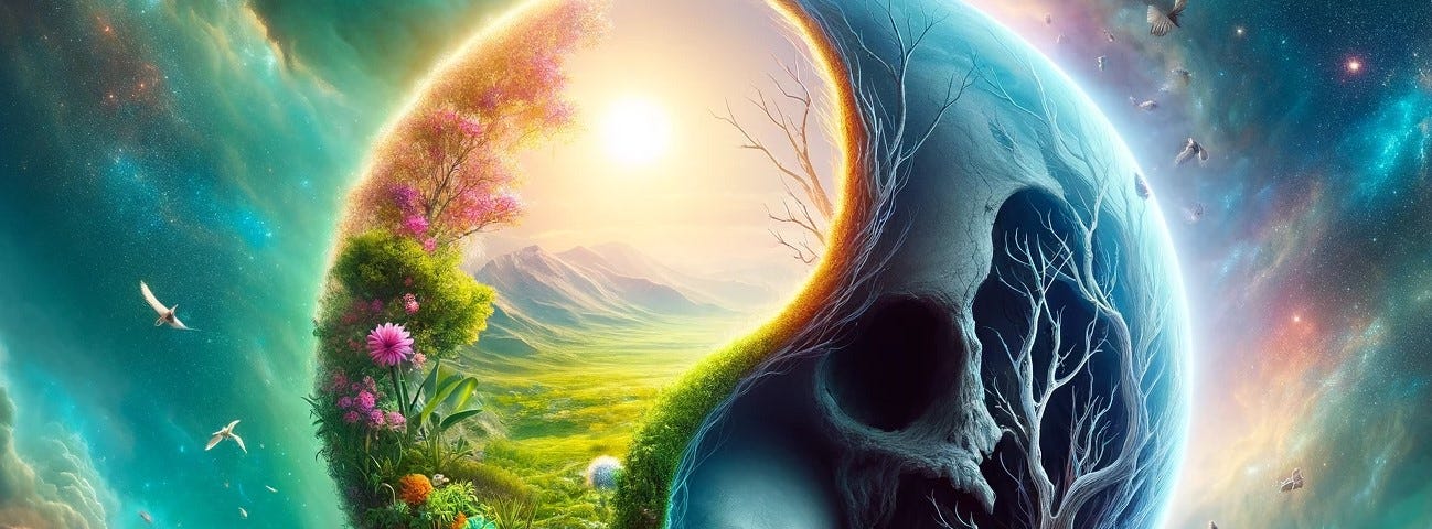 An image of two Earths in a swirl around a sphere: one Earth of One Another inside life ahead on the left; one Earth of death on the right, the Earth of the Other.