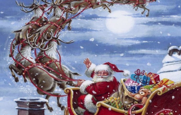 Santa on a Christmas Eve run image: Etsy