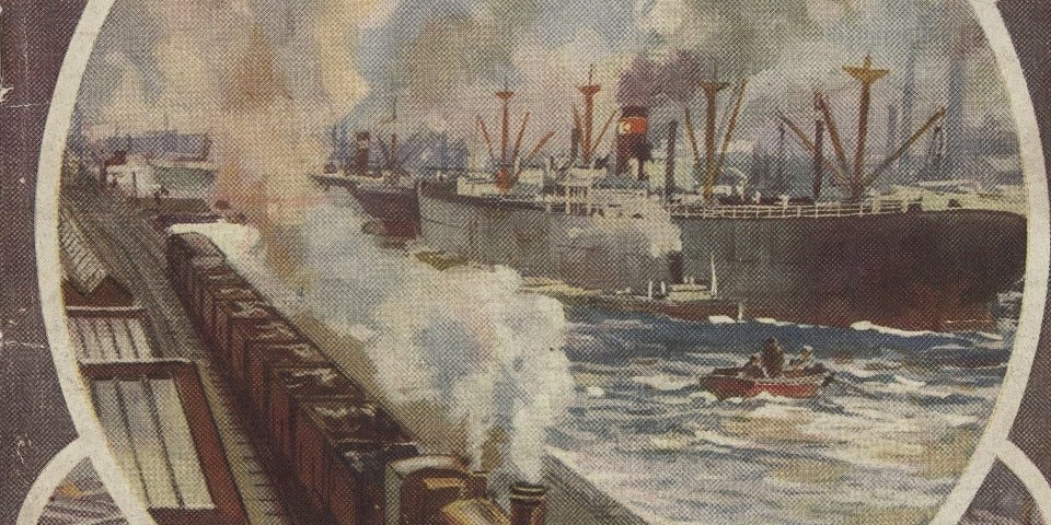 Brochure for Trafford Park Manchester England, claiming to be ‘The ideal site for your factory’, featuring an image of a steam train alongside a shipping canal with large ships.