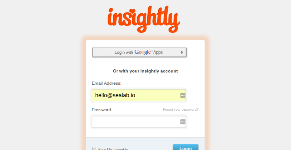 Log-in screen for the SeaLab account on Insightly CRM. The orange Insightly logo is at the top.