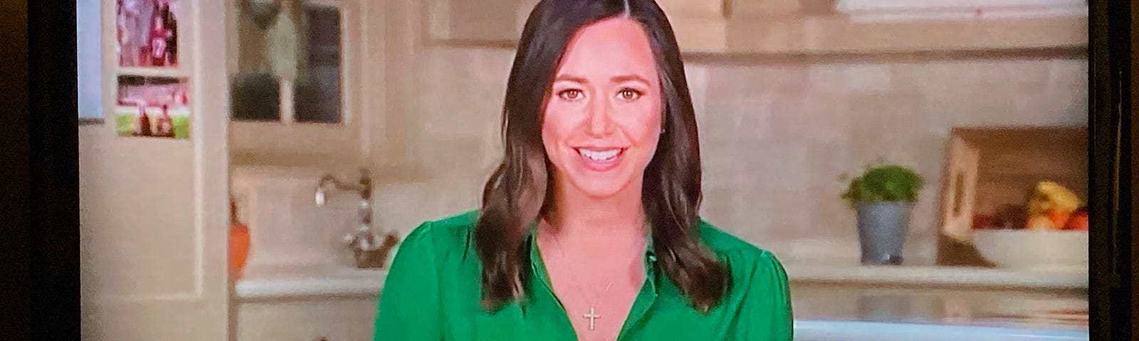 Screen shot of Alabama GOP Senator Katie Britt wearing a green blouse during her rebuttal to President Biden’s State of the Union Address