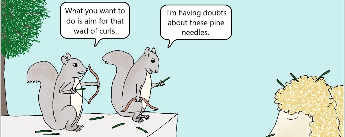 Squirrels discuss shooting pine needles at a sleeping dog.