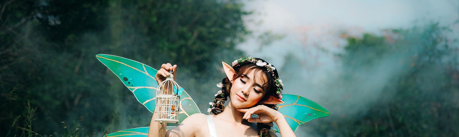 Fairy with wings, standing in a meadow