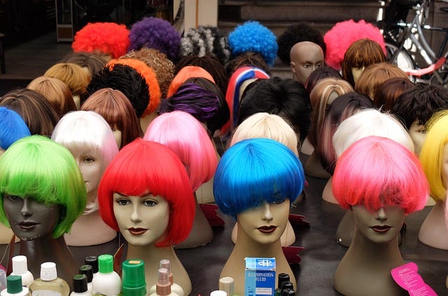wig stall — colourful hair