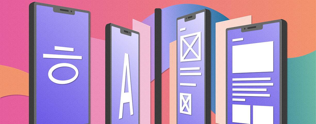 Five floating smartphones display Korean and Latin characters on the left and some design elements of an in-process product on the right