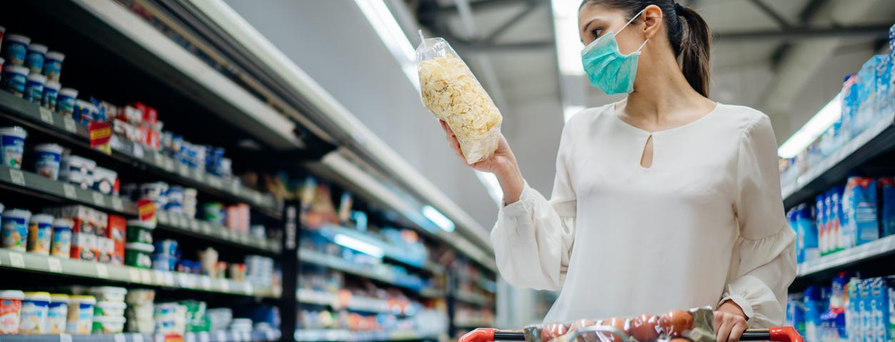 Young person with protective face mask buying groceries/supplies in the supermarket.