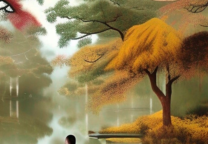 An illustration created by Frank Moone using the AI art program, Dream.AI, showing the Chinese poet, Du Fu, contemplating an autumn scene.