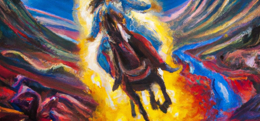 Girl on red horse blazing down the trail, with yellow underfoot and blue sky and blue river on right, and mountains rising up on the left