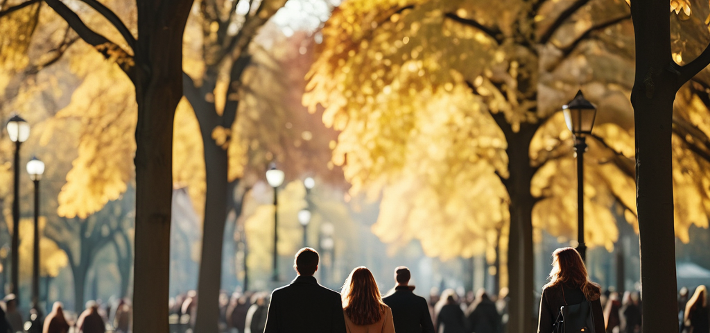 People walking in a city park in the autumn