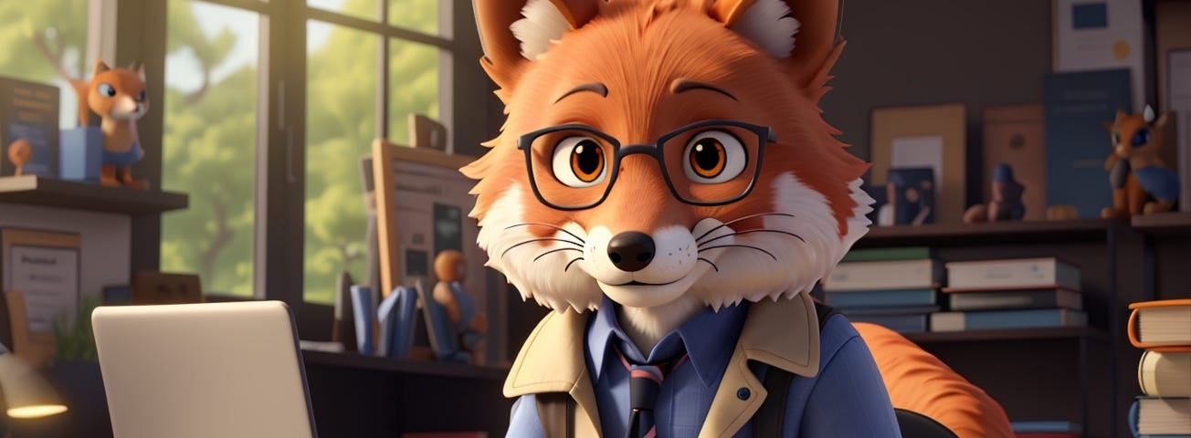 An AI-generated fox in the style of a Pixar 3D animation in a blue shirt, sand-coloured collared vest, and a dark blue tie. He’s sitting at a desk in an office with a laptop in front of him. He’s in an office with books, and papers and other objects scattered around of various shelfs and surfaces. There’s a large window on the wall to the left of him. Through the window you can see the green of trees close to the window and the light of a sunny day.
