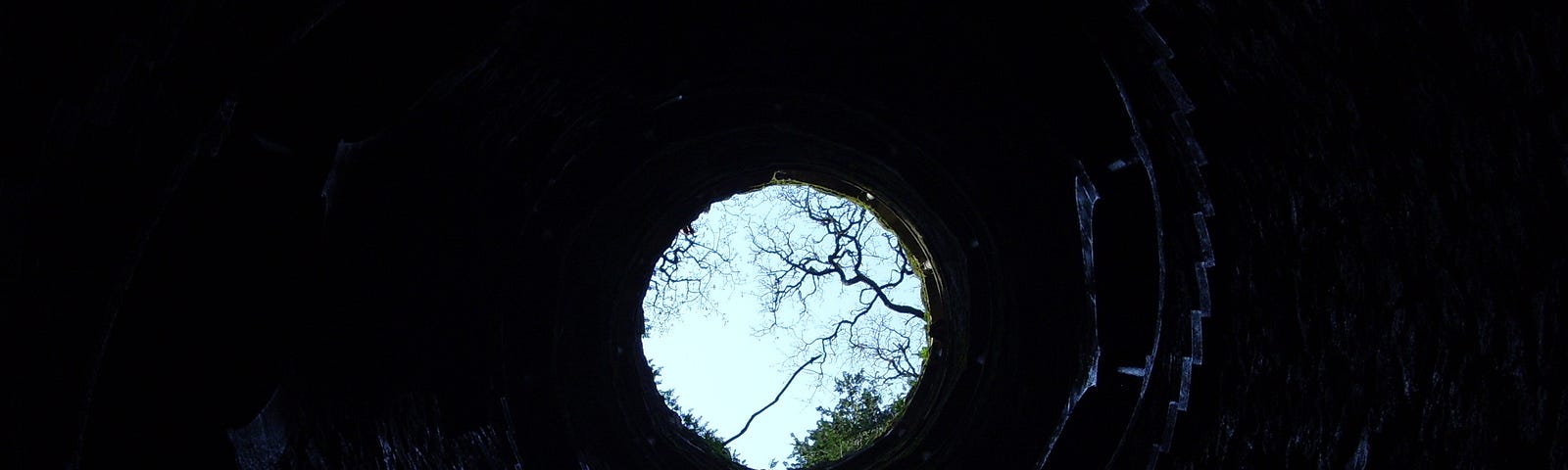 Photograph looking up from the bottom of a deep, dark hole. The sky and trees are visible, but far away.