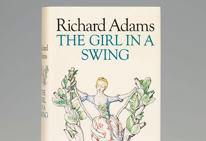 Image of a hardcover copy of The Girl In A Swing by Richard Adams. It’s a first-edition. The art on the dust jacket is a drawing of a Girl-in-a-Swing figure, made by Charles Gouyn between 1749 and 1759