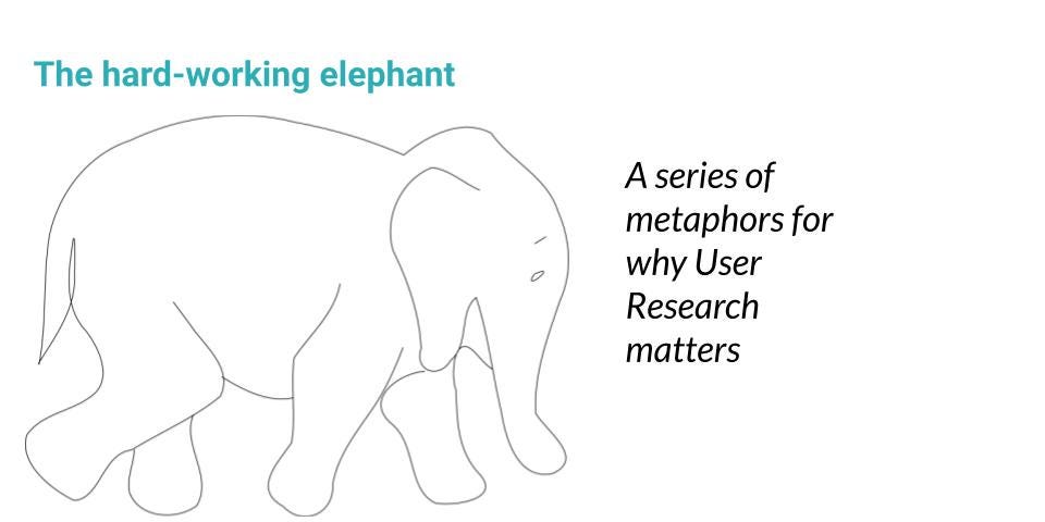 A sketch of an elephant. Above it says “The hard-working elephant” and to the side “A series of metaphors for why User Research matters”