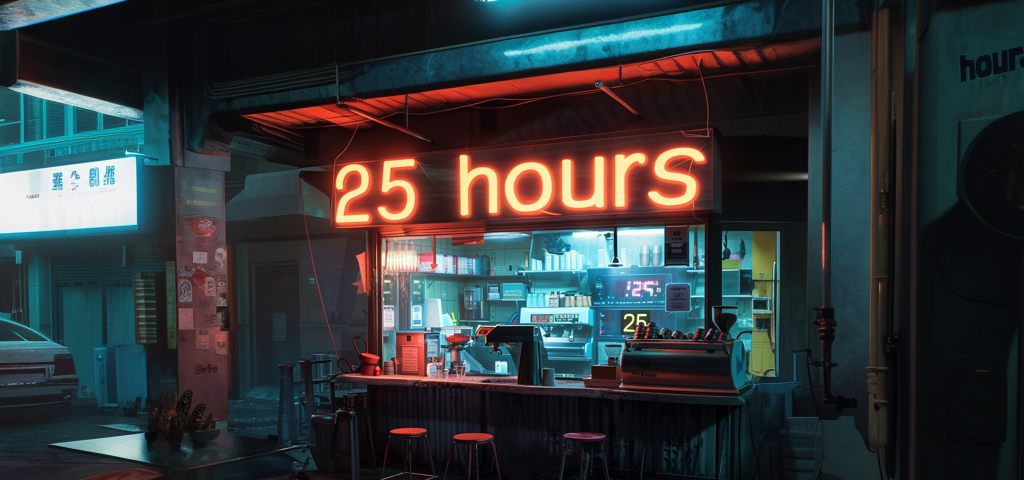 An AI-generated image of a gas station coffee shop with a giant sign that says “25 hours”