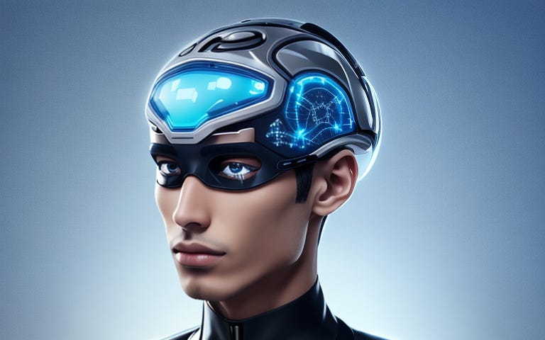 futuristic man wearing cyber brain helmet