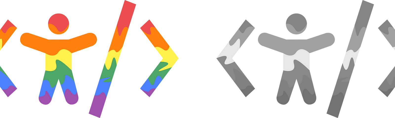 On the left, the Accessibility For Devs logo in color, with the 6 colors of neurodiversity, and on the right, the same logo in grayscale.