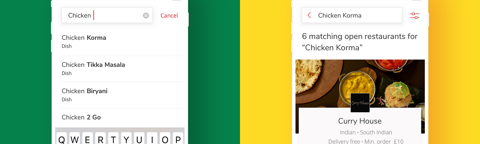 Just Eat predictive dish search and results screen visual for iOS