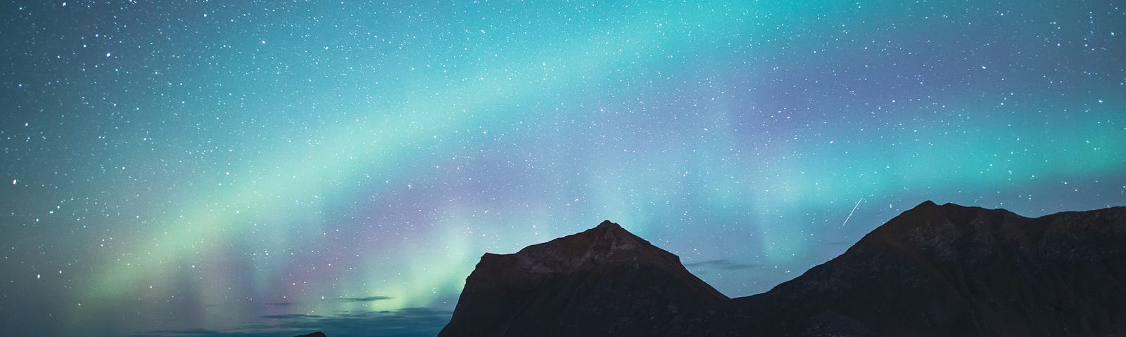 A Nordic starry night sky with aurora borealis, sea and a mountain siluette.