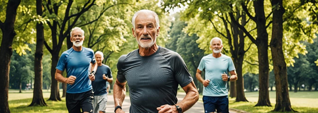Senior men exercising by running