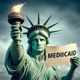 Statue of Liberty holding up a sign that says “Medicaid”