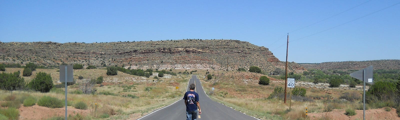 Photograph of lone male walking down the centre of a long straight road towards the horizon