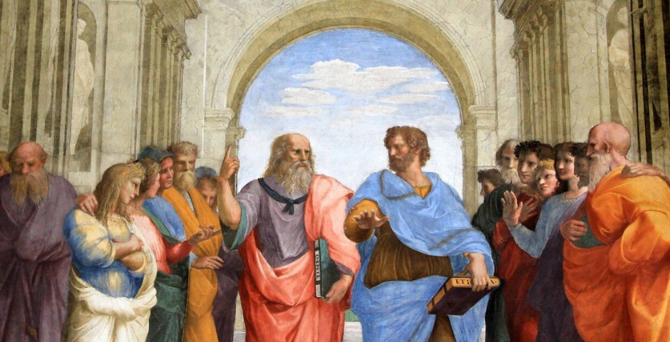 Socrates (left) and Plato (right) as the members of The School of Athens, painted by Raphael (1509–1511)
