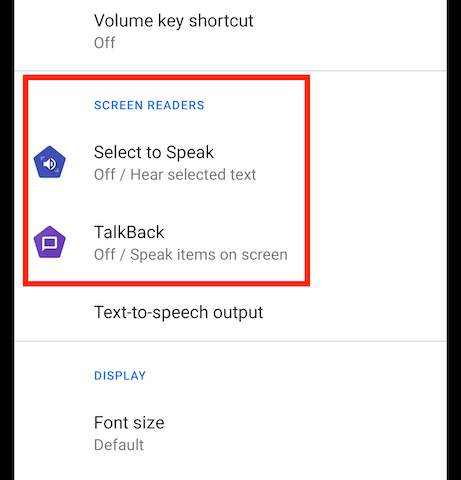 Android accessibility settings screen