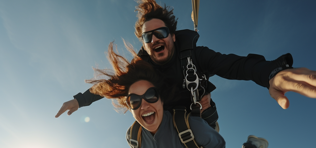 A young, excited couple skydiving