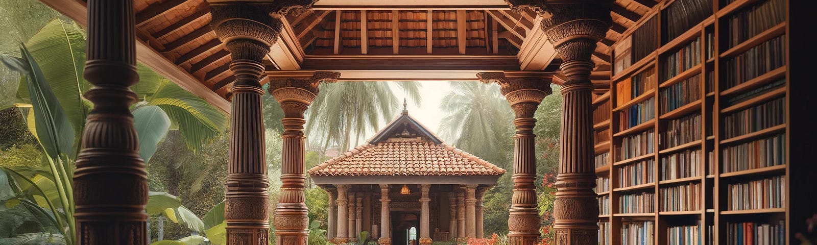 An ancient Indian serene library on a veranda