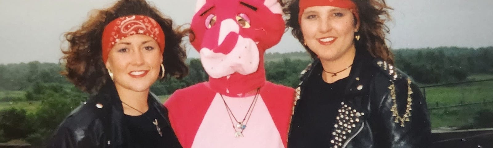 Two biker chicks and the Pink Panther.